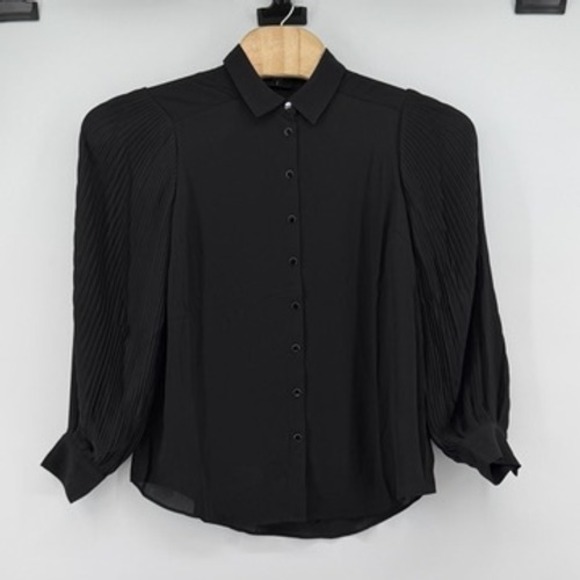 Tahari Tops - Tahari Black Pleated Puff Balloon Sleeve Button Up Shirt Womens L